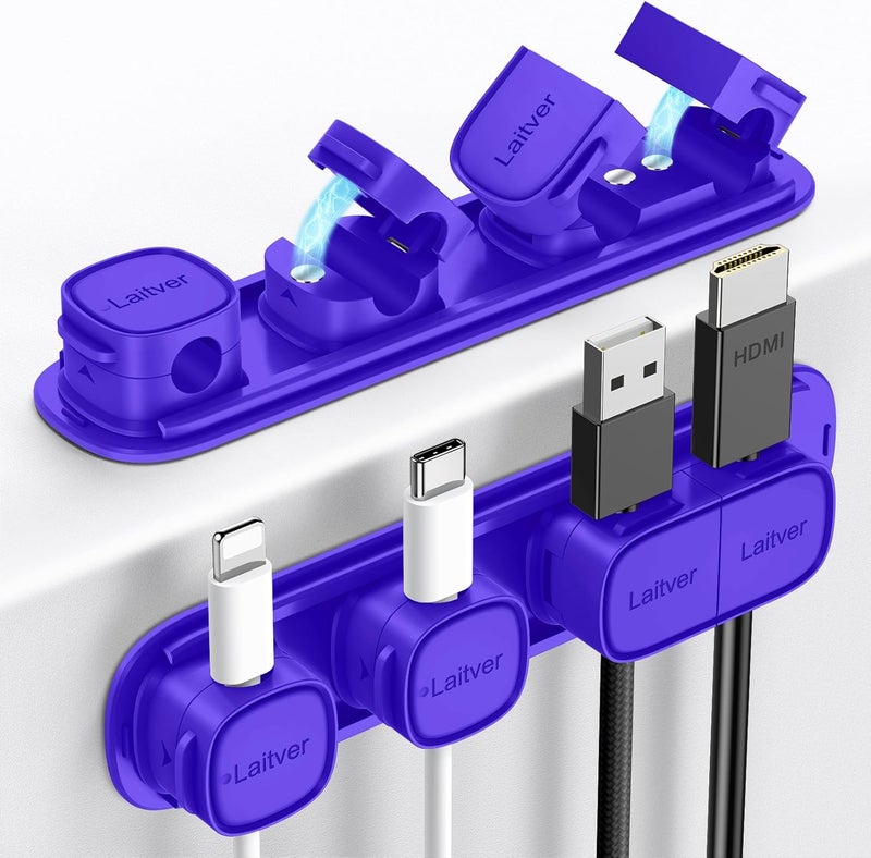 Laitver 6 Pack Magnetic Cable Clips [1s Open/Lock], Cord Organizer Holder Strong Adhesive Desk Cable Management- Organize Charging Cords Neatly for Home, Office, Car,Desk, Nightstand-Dark Blue - Image 1